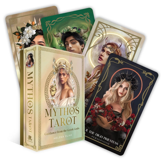 A collection of tarot cards spread around a gold box. Each card depicts a Greek God or Goddess. On the box is golden text saying "mythos tarot: guidance from the greek gods." An image of a blonde greek goddess wearing a golden crown sits above the text.