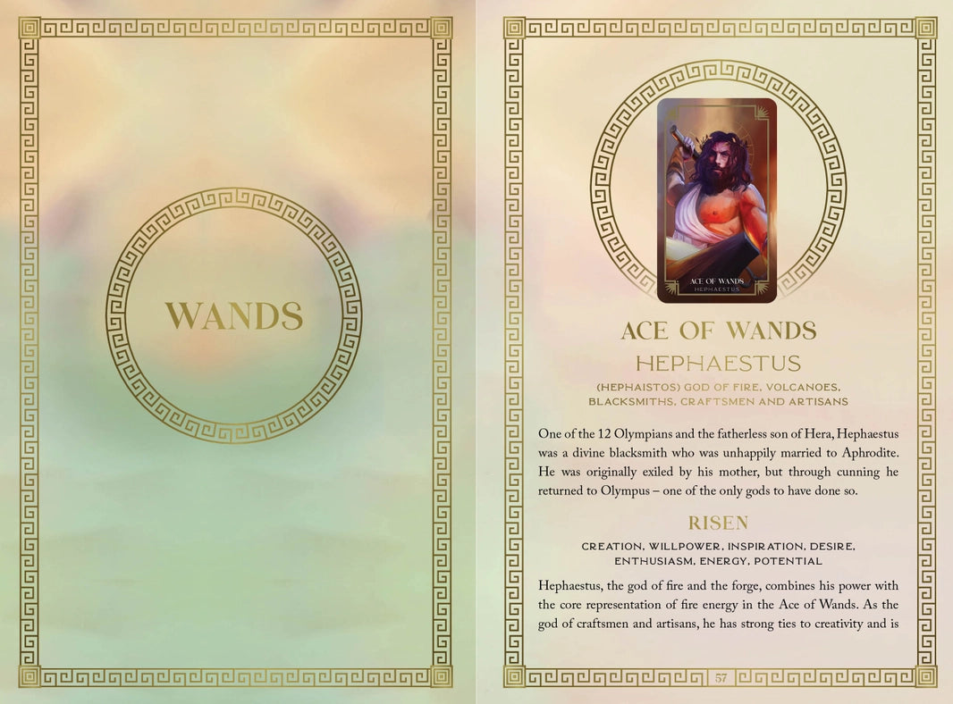 A two-page spread from the guidebook, describing the wands cards. At the center is a depiction of Hephaestus from greek mythology.