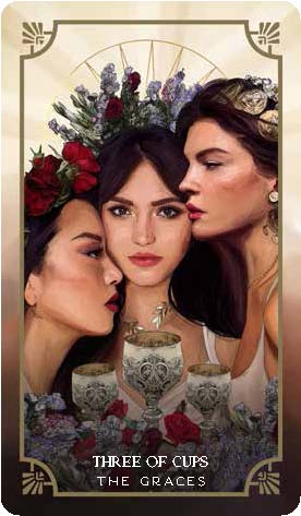 Load image into Gallery viewer, A tarot card from the deck, depicting the graces from greek mythology, with text saying &amp;quot;three of cups.&amp;quot;
