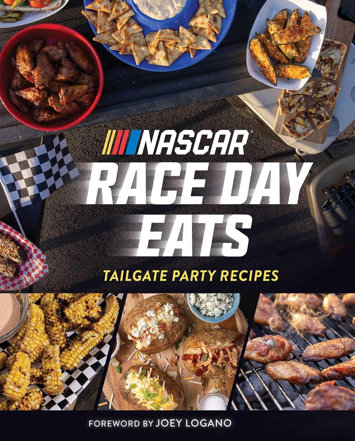 A hardcover recipe book featuring tailgate recipes for NASCAR fans. White and yellow text says NASCAR Race Day Eats. Tailgate Party Recipes.