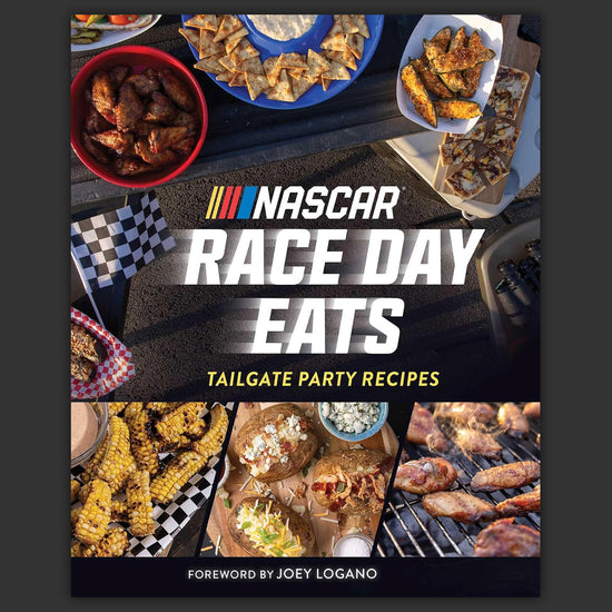 A hardcover recipe book featuring tailgate recipes for NASCAR fans. White and yellow text says NASCAR Race Day Eats. Tailgate Party Recipes.