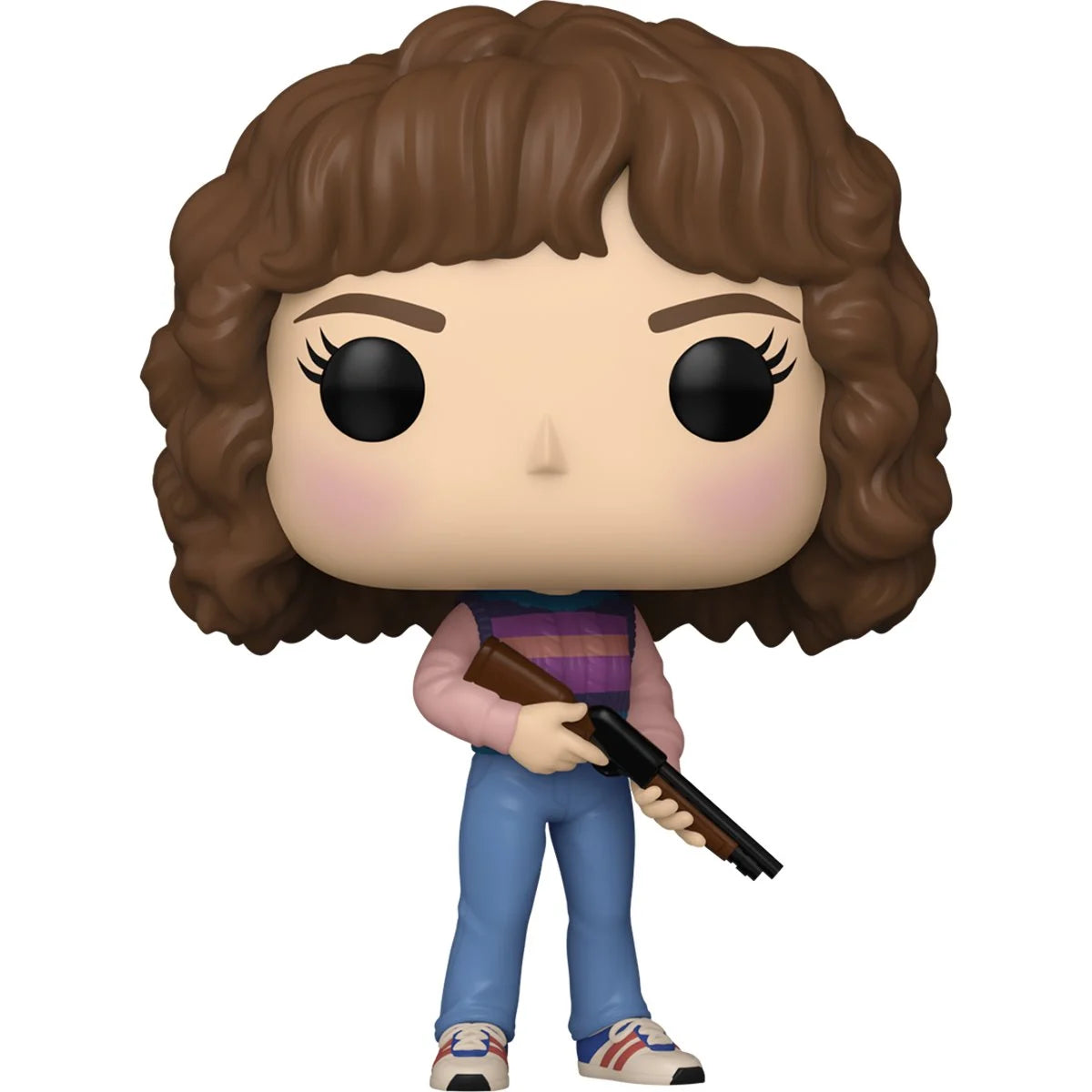 A bobblehead figure depicting Nancy Wheeler from the TV series Stranger Things, against a white background. She is wearing jeans and a striped sweater, and carrying a shotgun.