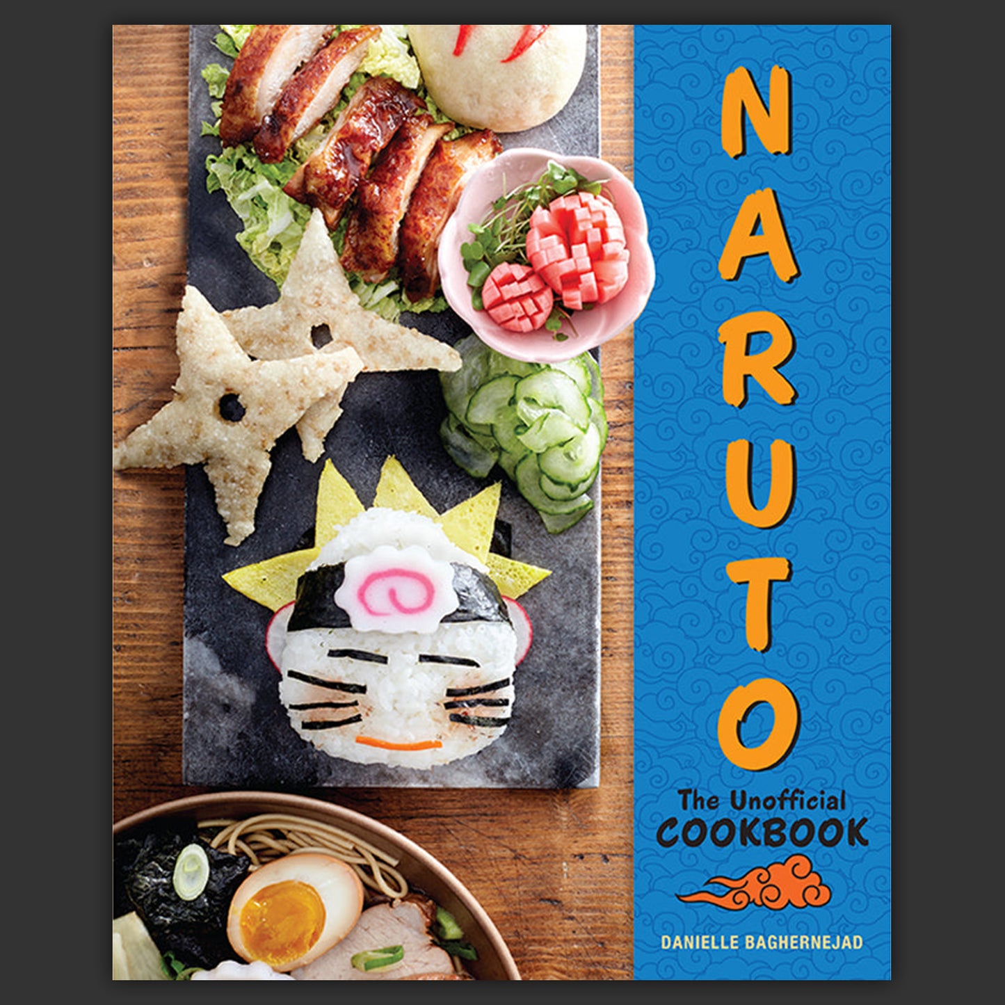 Book cover of 'Naruto: The Unofficial Cookbook' with food images and blue color scheme.