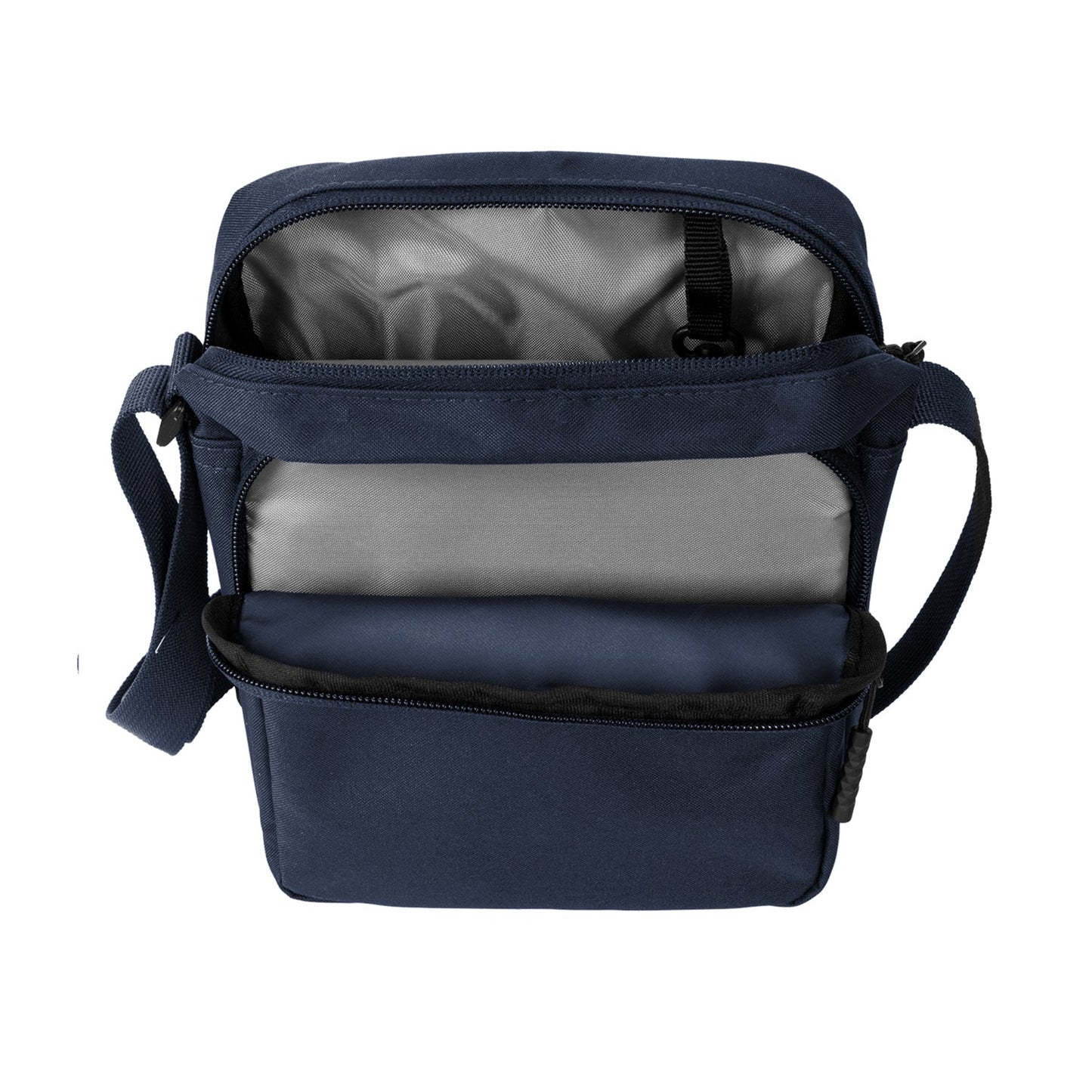 A dark blue cross-body bag on a white background, opened to show the inside pockets.