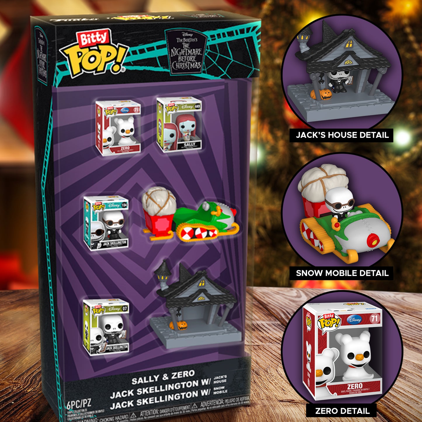Boxed Bitty Pop! vinyl figures with a Christmas tree and stockings in the background. There are three inset circles showing details of Jack Skellington's house, Jack's snowmobile, and Zero.