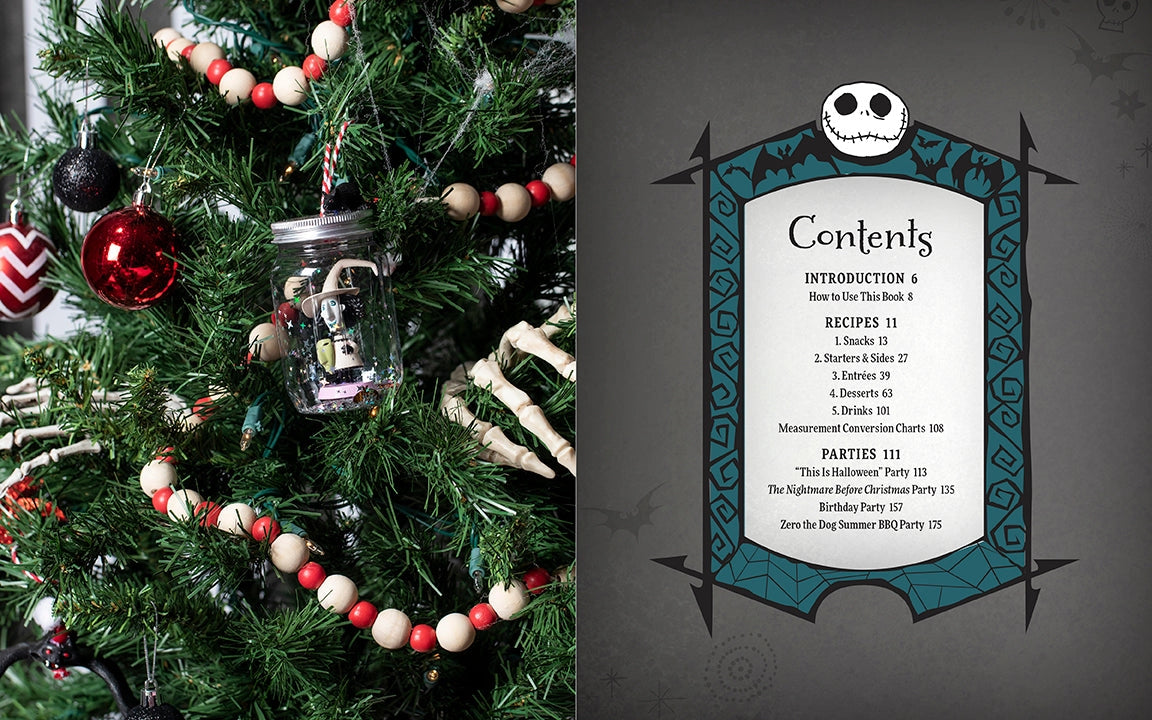 A two-page spread from the book. On the left are christmas tree branches with halloween-style decorations. On the right is a grey page with the table of contents. At the top of the text is a white drawing of Jack Skellington's face.