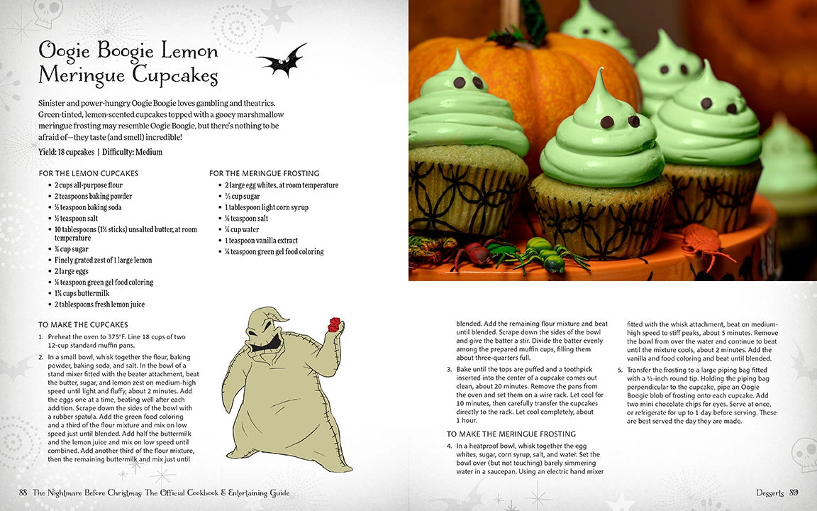 A two-page spread from the book. On the left is black text saying sally Oogie Boogie Lemon Meringue cupcakes, with the recipe underneath. Under the recipe is a drawing of oogi boogie from The Nightmare before christmas. On the right is a picture of green cupcakes on an orange plate, with a pumpkin behind them.