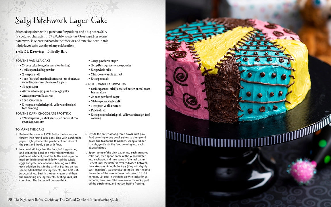 A two-page spread from the book. On the left is black text saying sally patchwork layer cake, with the recipe underneath. On the right is a picture of cake on a black plate, with multiple colors of frosting, and black icing depicting stitches between each color. 