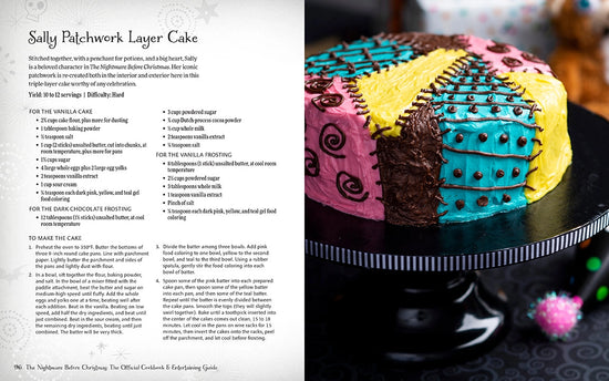 Load image into Gallery viewer, A two-page spread from the book. On the left is black text saying sally patchwork layer cake, with the recipe underneath. On the right is a picture of cake on a black plate, with multiple colors of frosting, and black icing depicting stitches between each color. 
