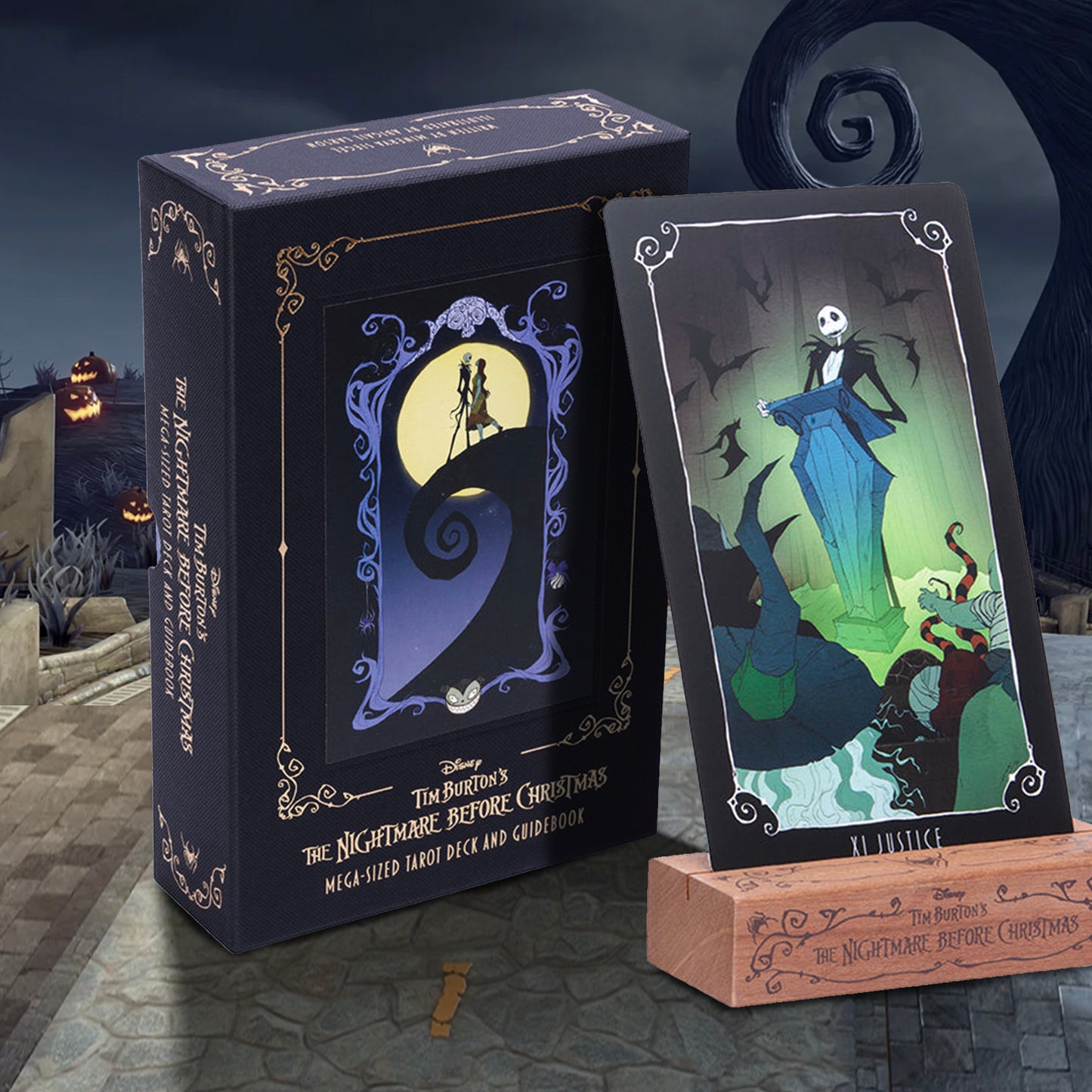 Teal drawstring bag with 'The Nightmare Before Christmas' design and a framed card featuring Jack Skellington and Sally on a stand.
