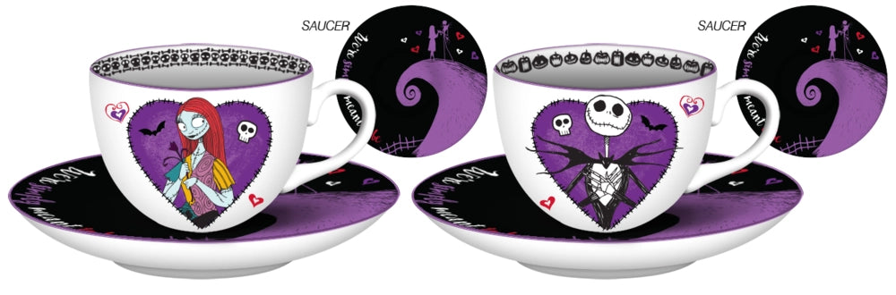 Two bone china teacup and saucer sets on a white background. Each cup has a purple heart on the front. On one heart is a drawing of Jack Skellington, on the other heart is a drawing of Sally. Each cup comes with a black and purple saucer depicting the two characters standing on the edge of a purple mountain.