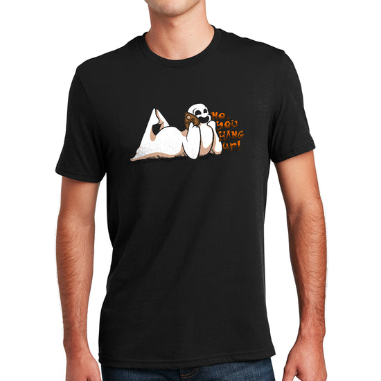 A black unisex crew neck t-shirt. The print is a white ghost laying on its stomach with its feet up and a planchette pressed to its ear like a phone. Orange text reads "No, you hang up"