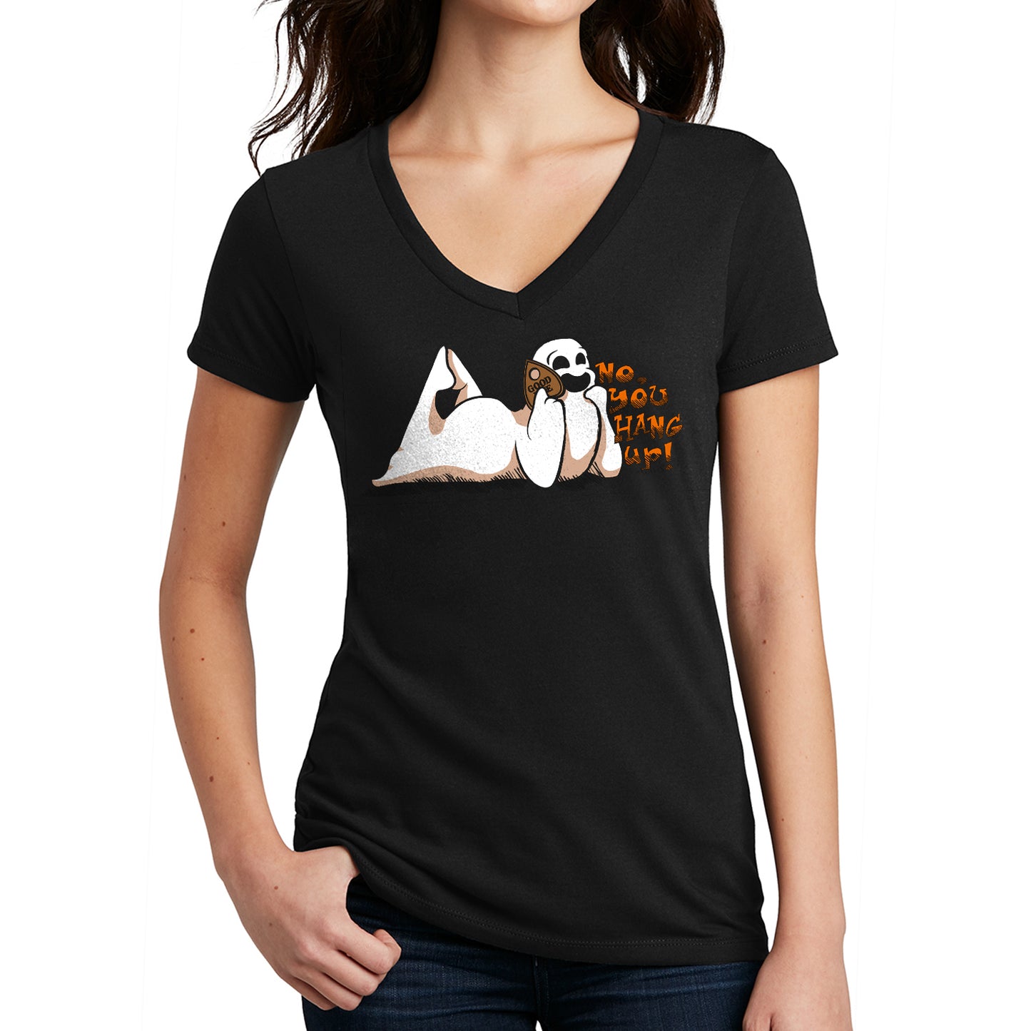 A black v-neck women's t-shirt. The print is a white ghost laying on its stomach with its feet up and a planchette pressed to its ear like a phone. Orange text reads "No, you hang up"