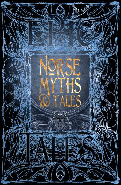 A blue book cover. The background of the cover depicts blue and black patterns, similar to tree bark. At the center is a black square with yellow text saying "norse myths & tales." At the top and bottom is black text saying "epic tales."