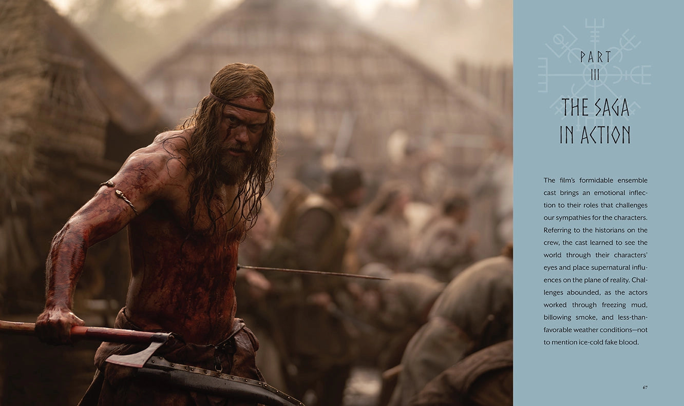 An image of a Viking warrior carrying an axe, preparing for battle. On the right is a blue column with black text describing making a scene from the film "The Northman."