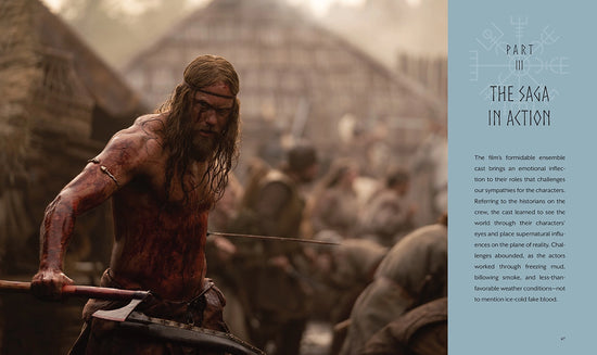 An image of a Viking warrior carrying an axe, preparing for battle. On the right is a blue column with black text describing making a scene from the film "The Northman."