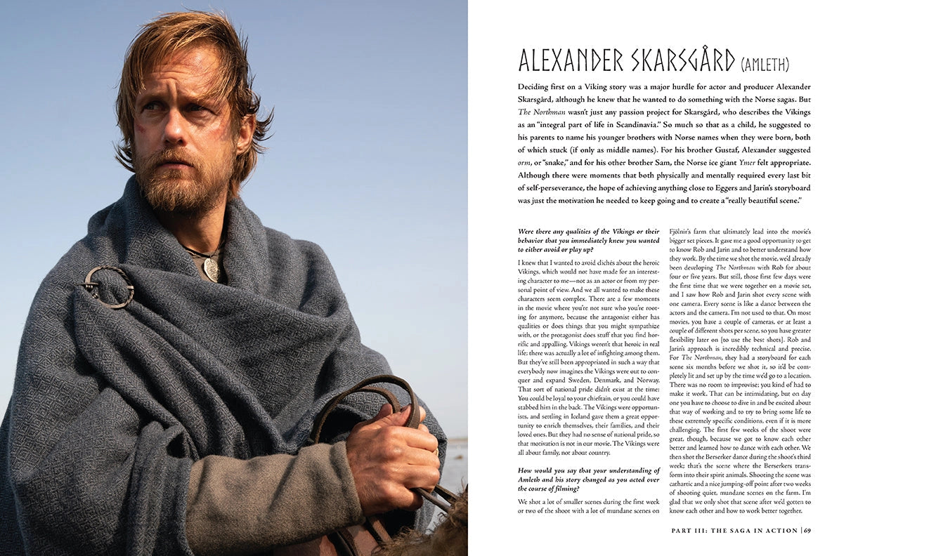 An image of actor Alexander Skarsgård from the film "The Northman," wearing a blue cloak. On the right in black text is an interview with the actor.