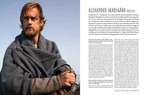 An image of actor Alexander Skarsgård from the film "The Northman," wearing a blue cloak. On the right in black text is an interview with the actor.