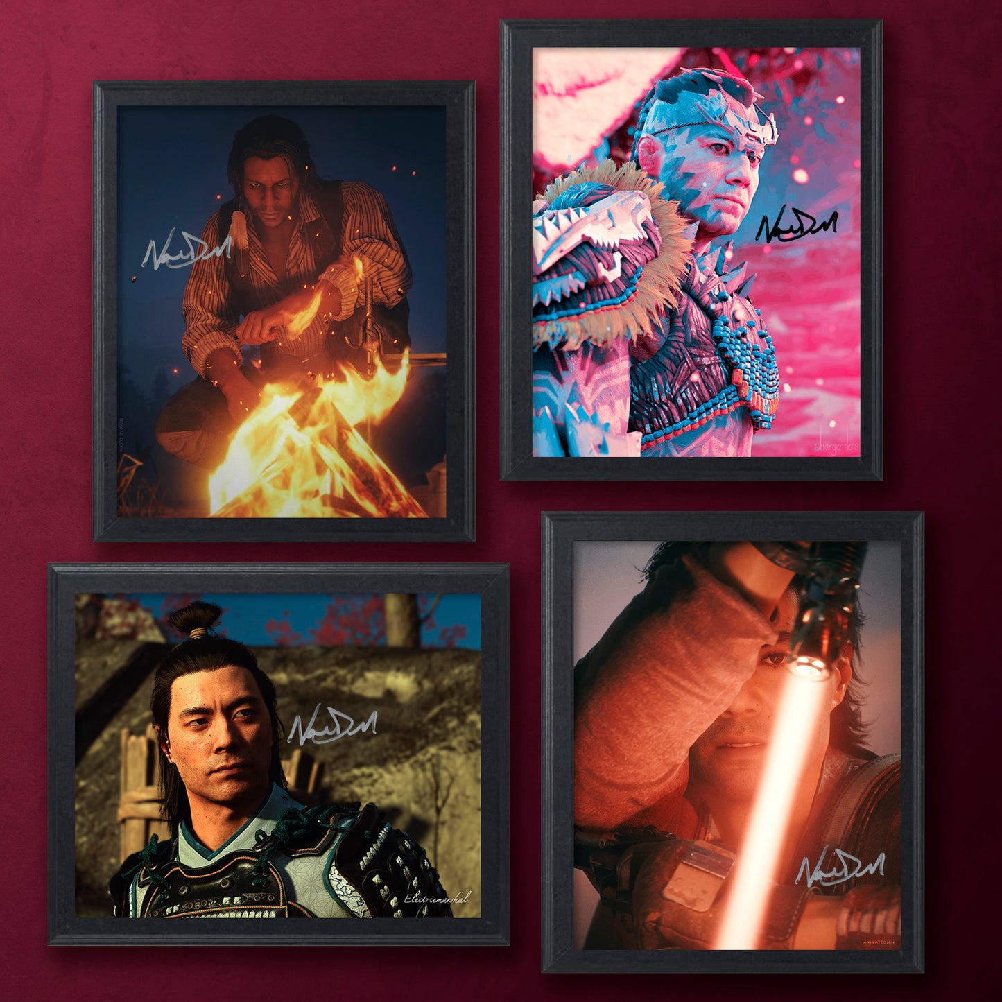 Four framed artworks of characters in various costumes on a red background