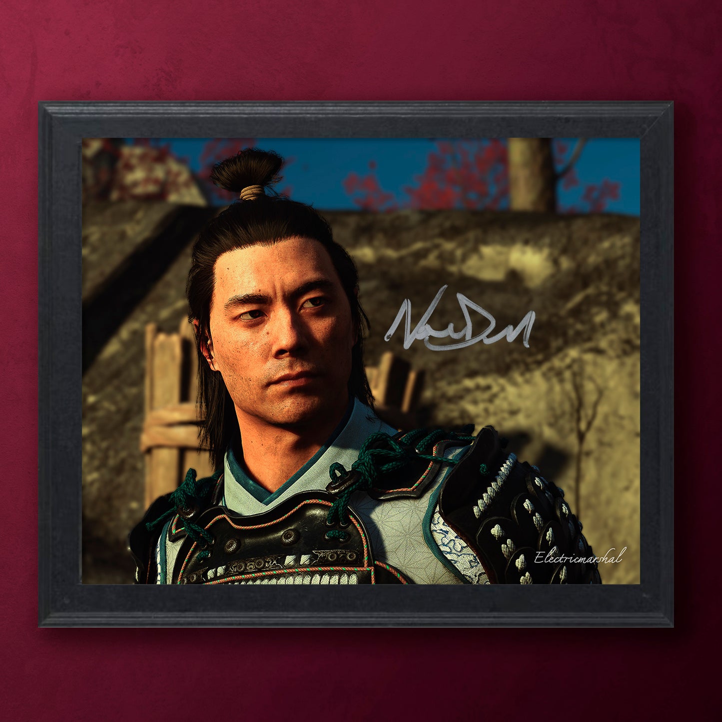 Framed portrait of a person in traditional armor with a signature on a dark background