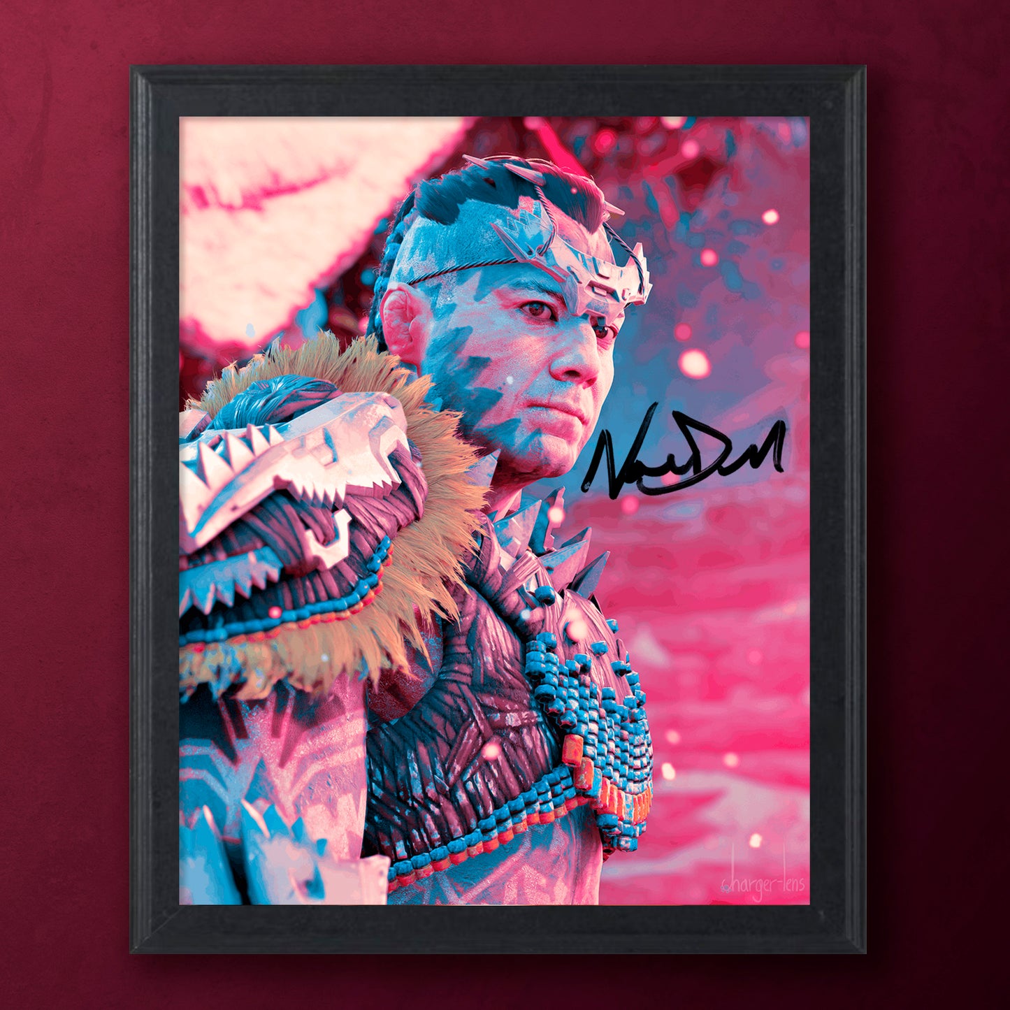 Framed artwork of a character in warrior attire with a signature on a pink and purple background