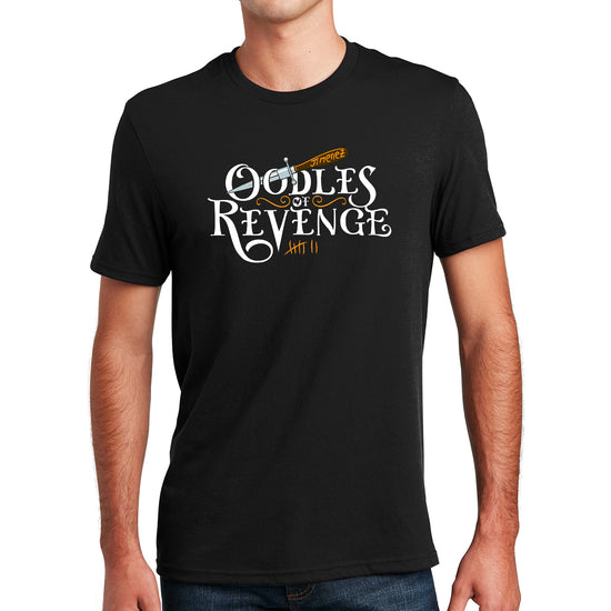 An image of a male model in a tee shirt. The front of the shirt has white text that says "Oodle of revenge." Above the text is a drawing of a dagger, with the blade sticking through the openings of the two Os in oodles. Under the text are orange tally marks, counting to 7. 