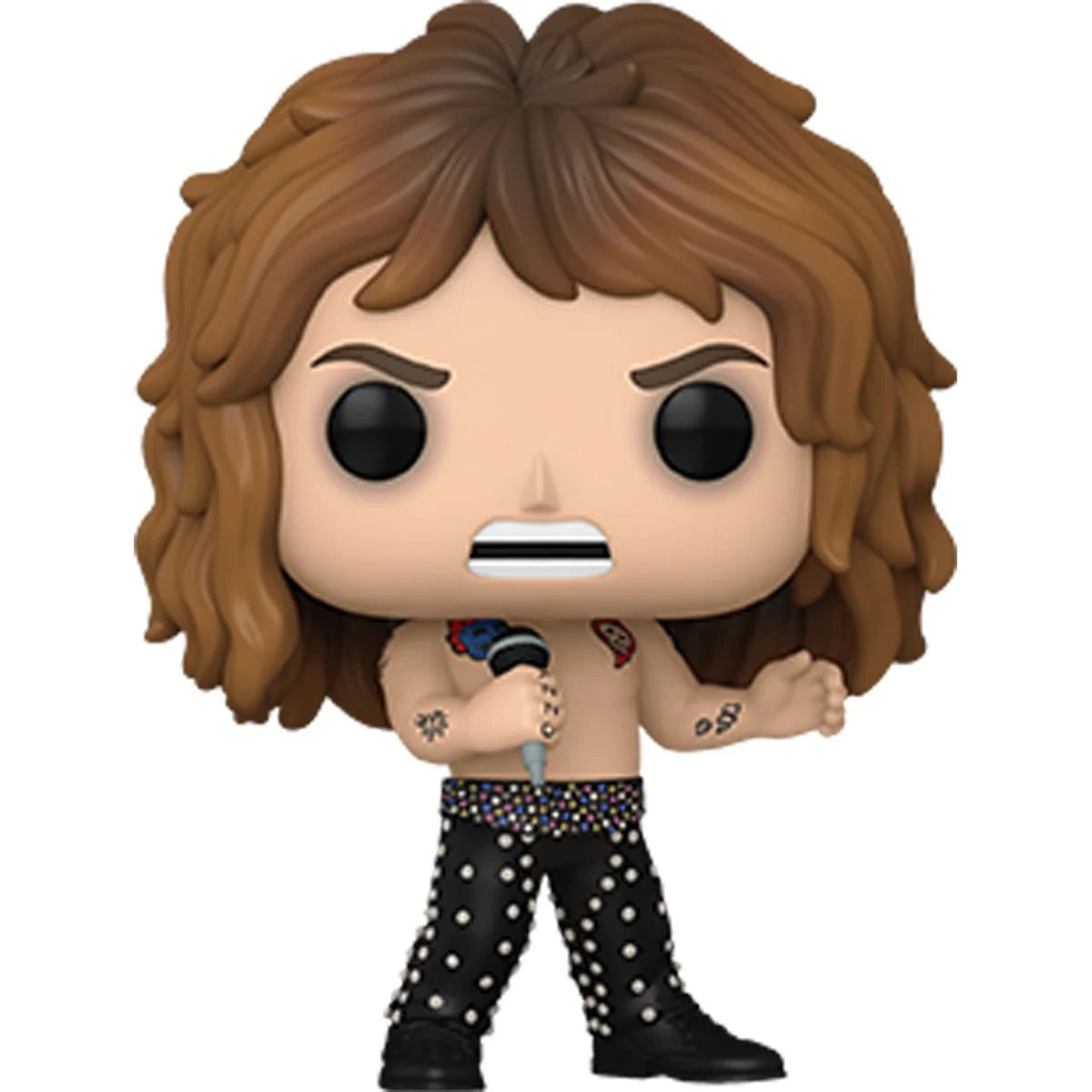 A vinyl Funko Pop figure depicting heavy metal icon Ozzy Osbourne, from 1989. He's wearing black pants with colored beads, and carrying a microphone.