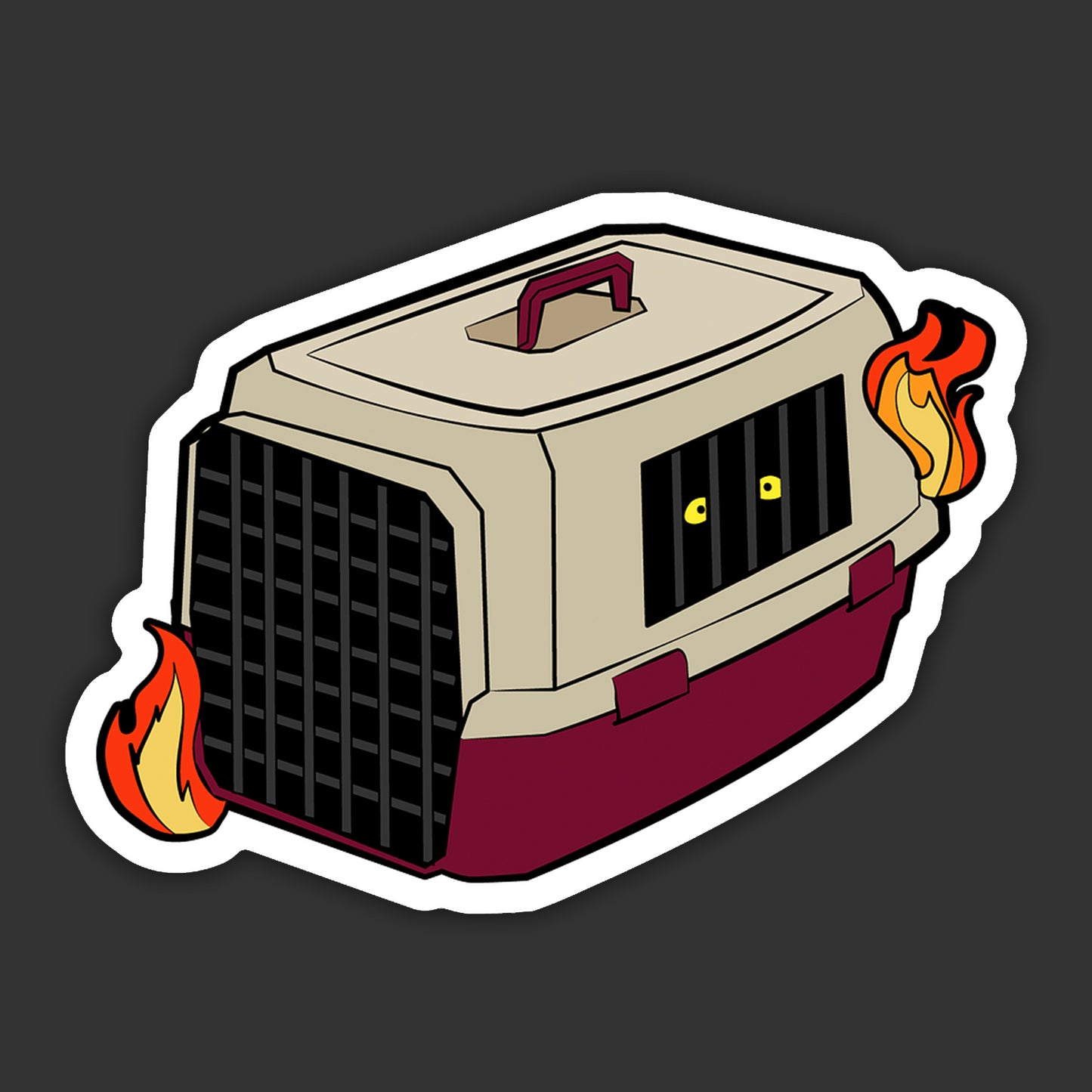 Illustration of a pet carrier with flames on a dark background