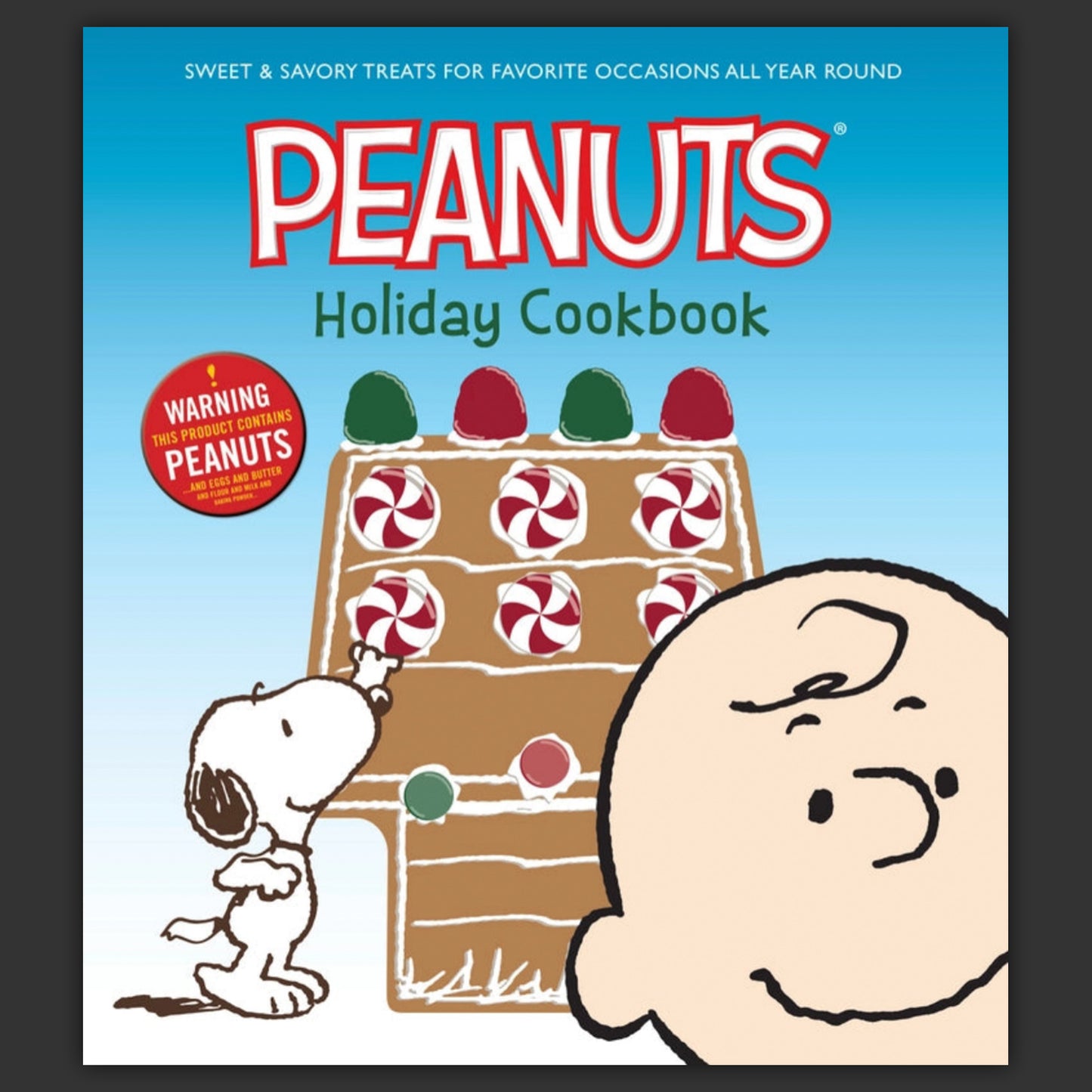 A hardcover cookbook featuring Snoopy and Charlie Brown. Snoopy is adding decorations to a gingerbread version of his doghouse. Text at the top says Peanuts holiday cookbook.