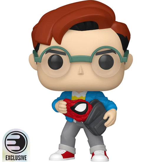 A bobblehead figure depicting Peter Parker pulling his Spider-Man costume out of his backpack.