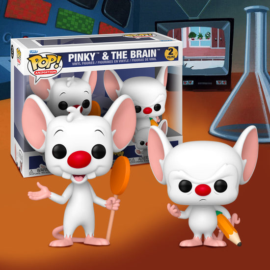 Two vinyl figures depicting Pinky and The Brain from Animaniacs. Behind them is a cartoon laboratory setting.