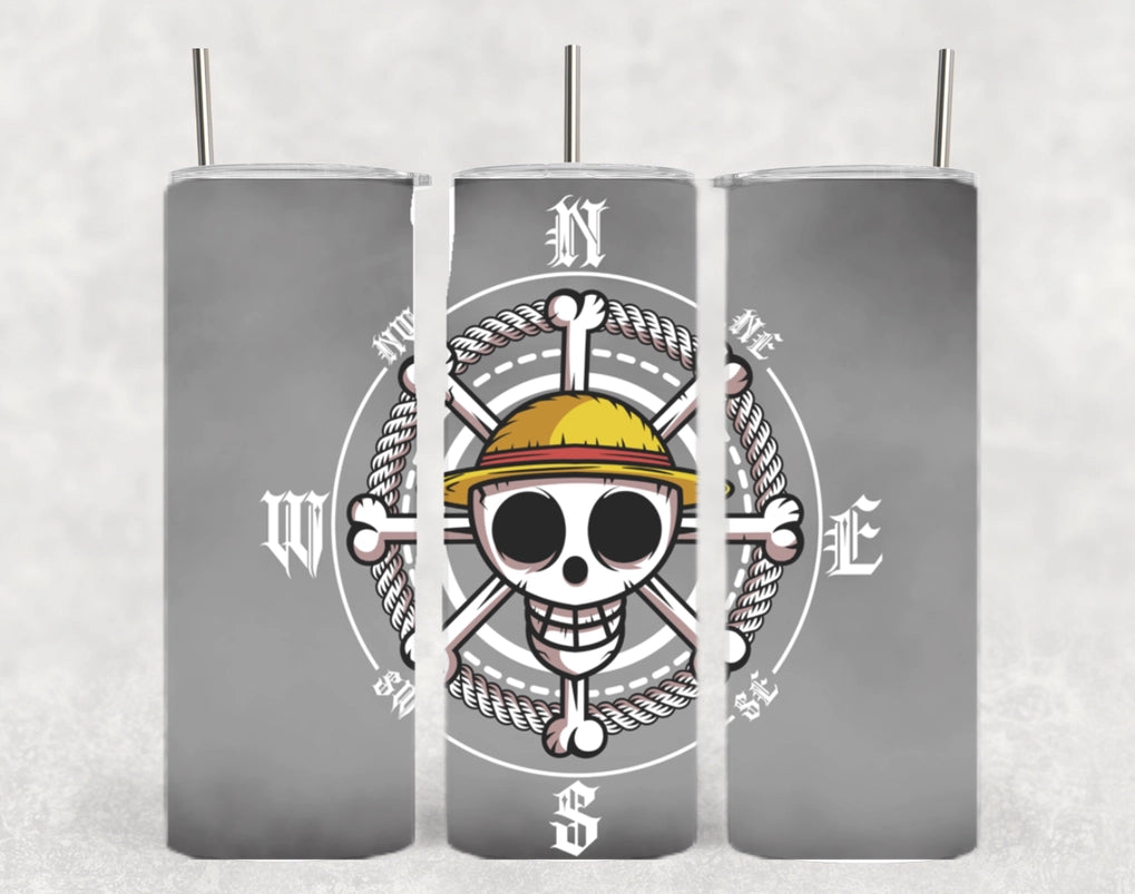 Three stainless steel tumblers on a white background. Each has a wraparound image, with different parts of the image visible on each tumbler. The combined tumblers show an image of a pirate compass from One Piece.