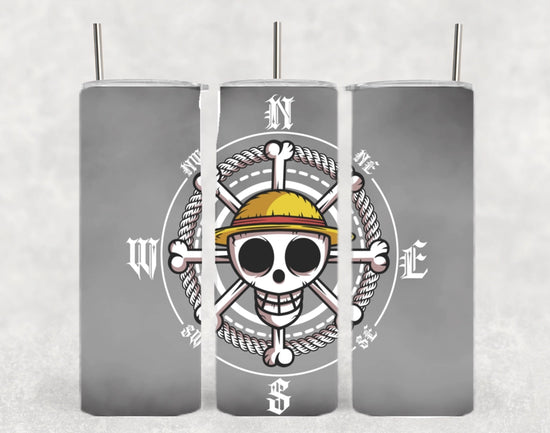 Three stainless steel tumblers on a white background. Each has a wraparound image, with different parts of the image visible on each tumbler. The combined tumblers show an image of a pirate compass from One Piece.