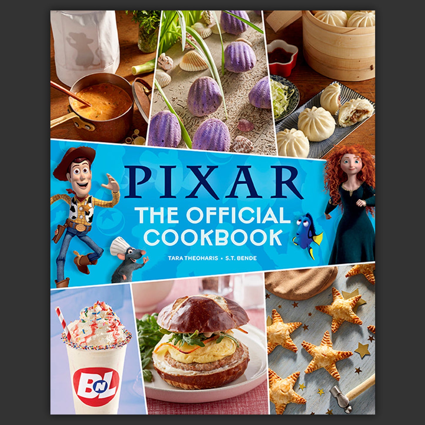 Cover of 'The Official Pixar Cookbook' with various food images and Pixar characters.