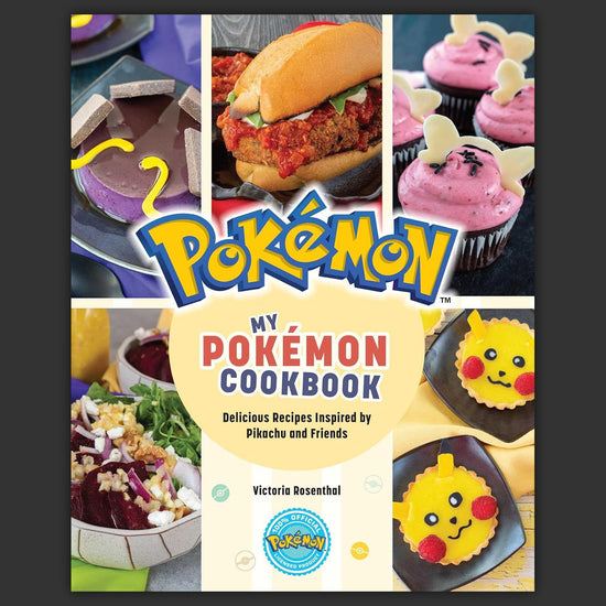 A hardcover recipe book themed around Pokemon. Red and blue text says "My Pokemon cookbook."