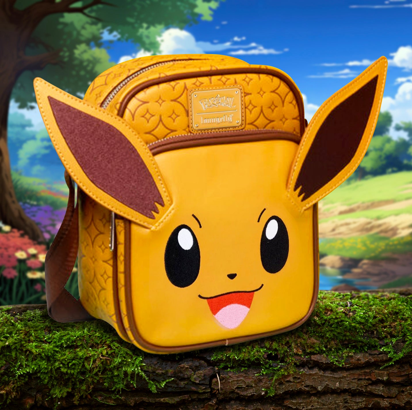 A yellow nylon backpack depicting the Pokemon character Eevee on the back, with long brown ears sticking up at the top corners. The backpack has two large black eyes with white dots, and a red and pink mouth. At the top is a metal sticker with "Pokemon, Loungefly" printed on it. The bag is sitting on a moss-covered log. In the background is a colorful drawing of a meadow, with trees and flowers in the distance.