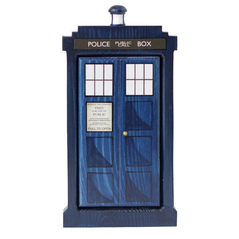Load image into Gallery viewer, A front-facing rectangular wooden doorframe with a blue door, against a white background. The door features the design of the TARDIS, including the POLICE BOX design, windows, and top light. 
