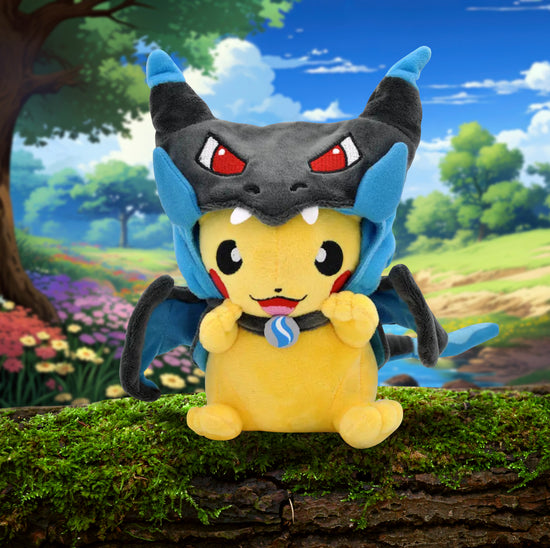 A Pikachu plush wearing a hood/poncho inspired by the pokemon Lucario. It is set against a grassy background with blue skies.