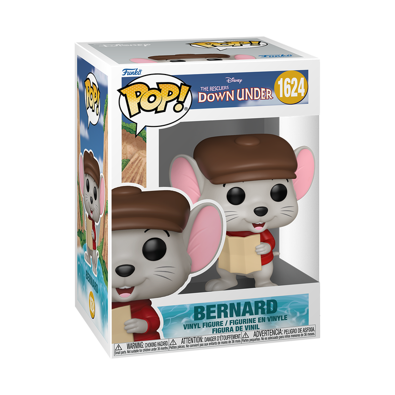 A cardboard box with a transparent front window, containing a bobblehead figure depicting Bernard from The Rescuers. He is wearing his red sweater and brown hat, and carrying a map