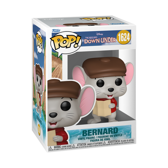 A cardboard box with a transparent front window, containing a bobblehead figure depicting Bernard from The Rescuers. He is wearing his red sweater and brown hat, and carrying a map