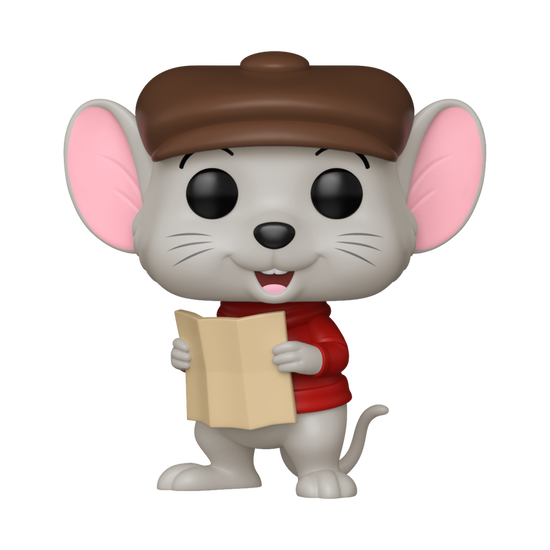 A bobblehead figure depicting Bernard from The Rescuers. He is wearing his red sweater and brown hat, and carrying a map