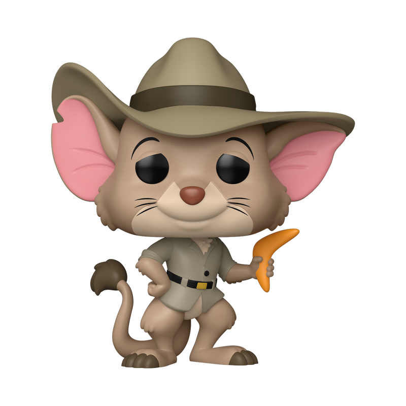 A bobblehead figure depicting Jake from The Rescuers Down Under. He is wearing a tan Australian Outback outfit and hat, and carrying a boomerang..