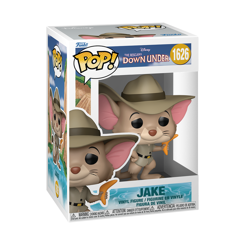 A cardboard box with a transparent front window, containing a bobblehead figure depicting Jake from The Rescuers Down Under. He is wearing a tan Australian Outback outfit and hat, and carrying a boomerang.