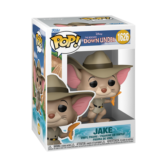 A cardboard box with a transparent front window, containing a bobblehead figure depicting Jake from The Rescuers Down Under. He is wearing a tan Australian Outback outfit and hat, and carrying a boomerang.