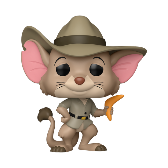 A bobblehead figure depicting Jake from The Rescuers Down Under. He is wearing a tan Australian Outback outfit and hat, and carrying a boomerang..