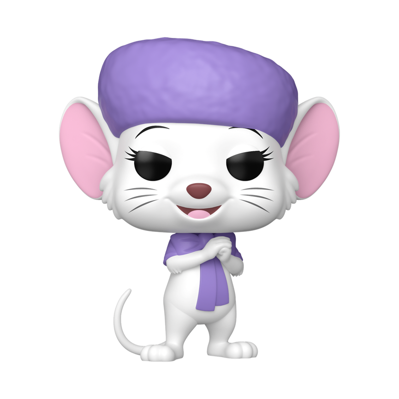 A bobblehead figure depicting Miss Bianca from The Rescuers Down Under. She is wearing a purple hat and scarf.