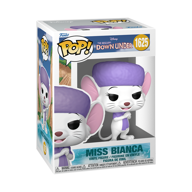 A cardboard box with a transparent front window, containing a bobblehead figure depicting Miss Bianca from The Rescuers Down Under. She is wearing a purple hat and scarf.