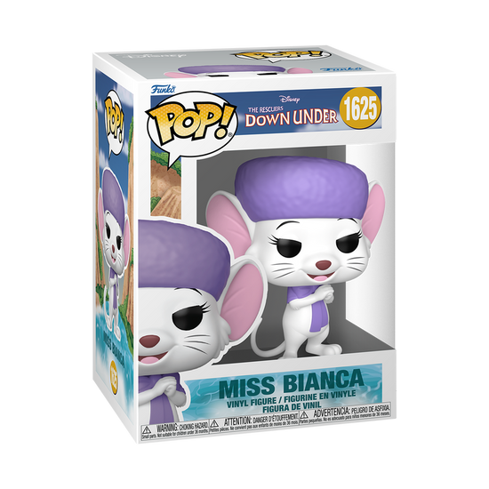A cardboard box with a transparent front window, containing a bobblehead figure depicting Miss Bianca from The Rescuers Down Under. She is wearing a purple hat and scarf.