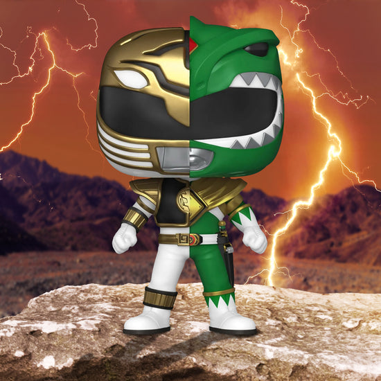 A bobblehead figure depicting a Mighty Morphin Power Ranger. One half is the Green Ranger, the other half is the White Ranger. The figure is standing on a rock, with lightning and mountains in the background.
