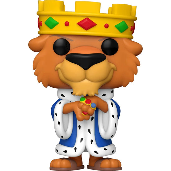 A bobblehead figure depicting Prince John from Disney's animated "Robin Hood" film, wearing his royal robe and crown, against a white background. His hands are covered in gold rings.